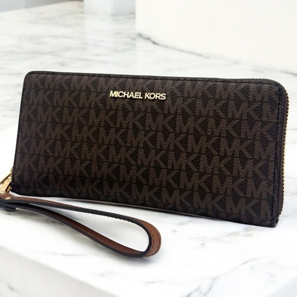 Michael Kors Large Continental Wallet Wristlet Brown Signature - Picture 1 of 8